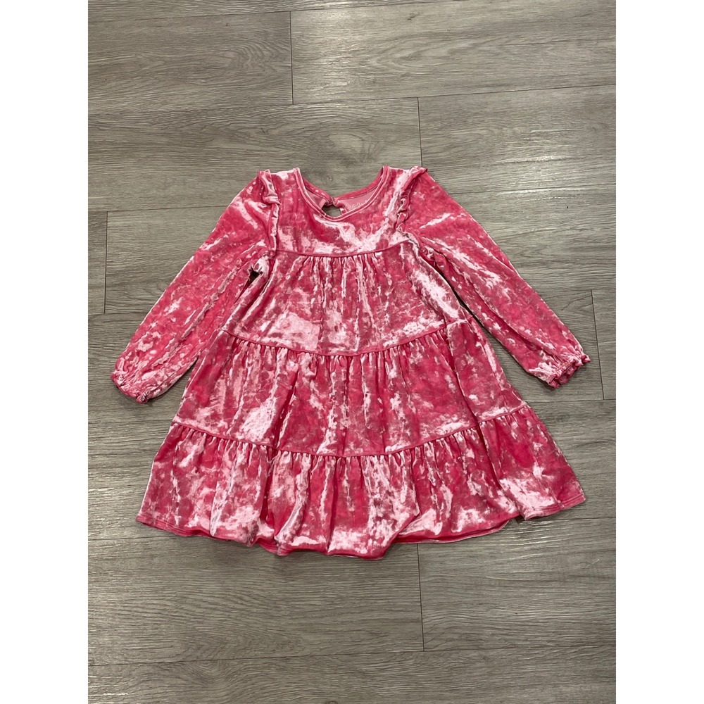Cat & Jack Girls Pink Crushed Velvet Dress Tiered Ruffle Whimsical Size 4T